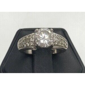 Vintage Round CZ Solitaire & Accents Band Ring Size‎ 5.5 Sterling 925 Silver 6g
